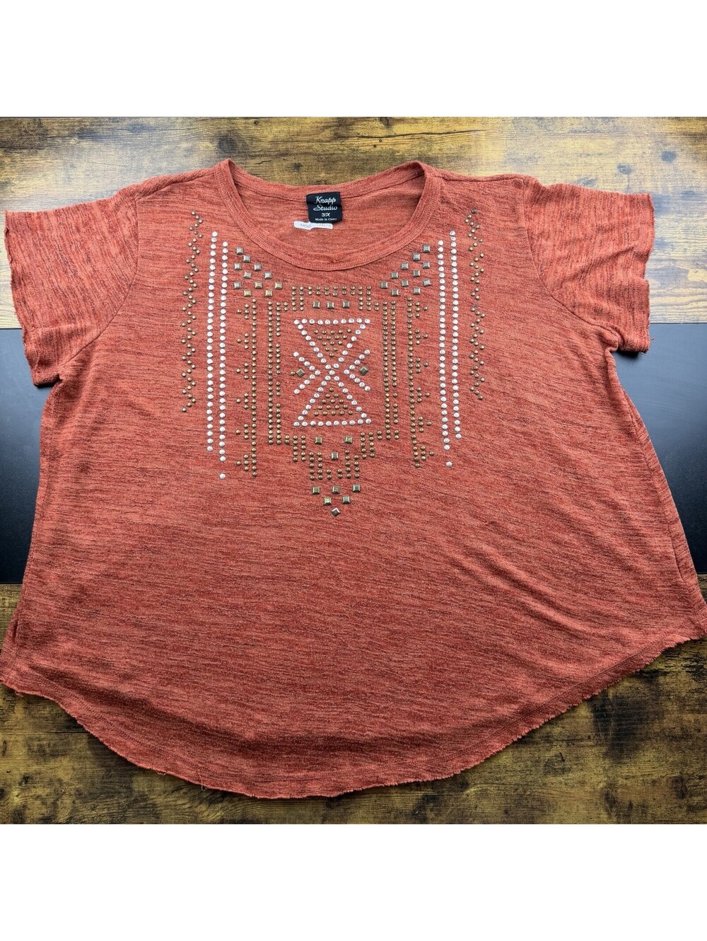 Knapp Studio 3X Plus Size Rust Embellished Rhinestone Studded Short Sleeve Top